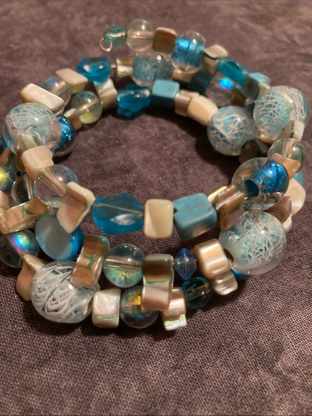 Blue & Pearlescent Bead Coil Bracelet - Women’s Stretch Stackable Bracelet